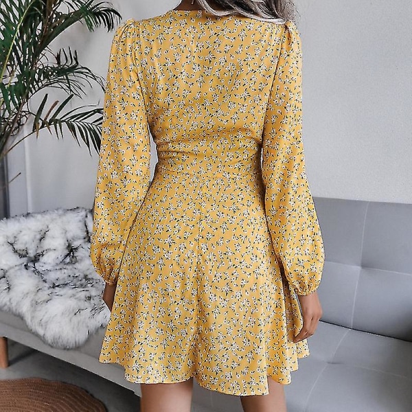 Kvinnors sommar djup V-ringad volang långärmad klänning med print Yellow M  c987 | Yellow | M | Fyndiq