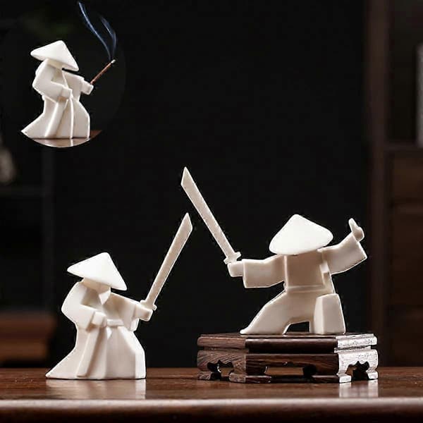 2 Sæt Samurai Figur Japansk Kriger Bord Rum Indretning Hvid A+B