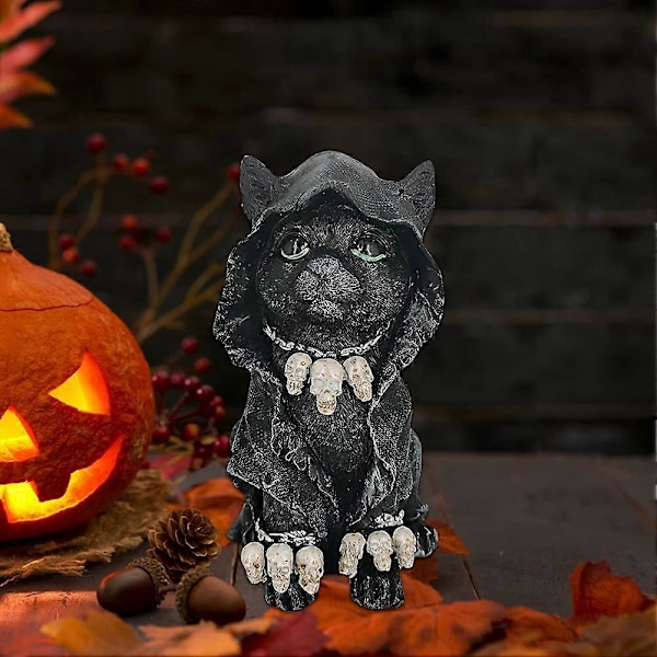 Kattestatuett av Grim Reaper i kappe, Svart Søt Kattestatuett i kappe, Gotisk Katte- og Hekse Grim Reaper-dekorasjon, Reaper Cat Deco