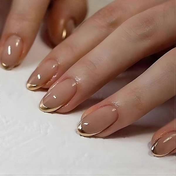 24 st Guld Fransk Manikyr Tryck på Naglar Korta Falska Naglar Mandelformade Tryck på Guld Nagelspetsar Korta Lim på Naglar Glansig Full Täckning Lösnaglar Nude Oval Akryl
