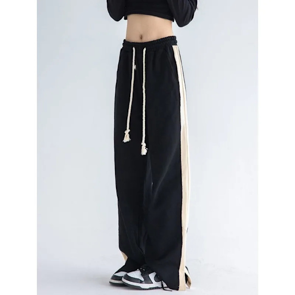 Deeptown Svart Varma Träningsbyxor Dam Vinter Patchwork Baggy Casual Jogging Kvinna Harajuku Vintage Raka Byxor Koreansk stil Gray thin M