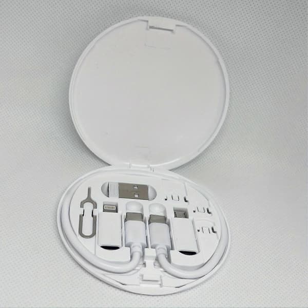 Multi USB-opladningsadapterkabelsæt, USB C-konverteringssæt USB A & Type C til han Micro/Type C/Lightning, dataoverførsel, kortopbevaring, bakkeudskubningsstift, White
