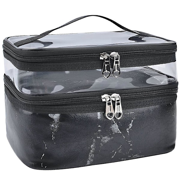 Makeup Tasker Dobbelt Lag Rejse Kosmetik Tasker Makeup Organizer Toilet Tasker (Sort marmor)