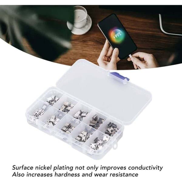 100 stk Micro Mini USB hunnpluggkontakt Micro USB-plugger USB-reparasjonserstatningsadapterassortimentsett med oppbevaringsboks