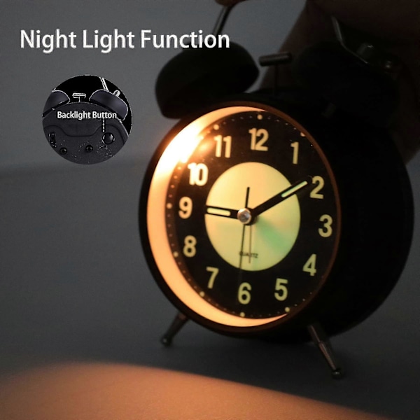 4 Tums Luminous Väckarklocka, Tickfri Analog Retro Kvarts Dubbelklocka Med Hög Alarm (svart)
