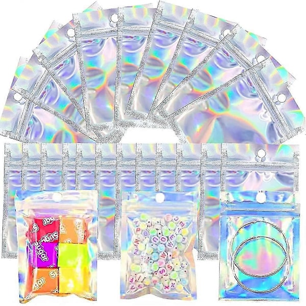 100 stk. Holografiske Emballasjeposer Små Godteposer Mylarposer Zip Lock Lukt