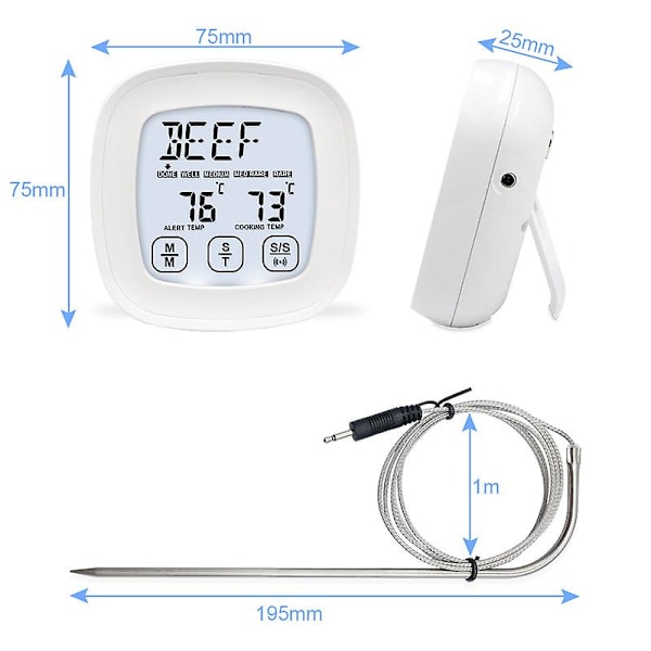 Bake Berøringsskjermknapp med Timer Elektronisk Digitalt Mattermometer