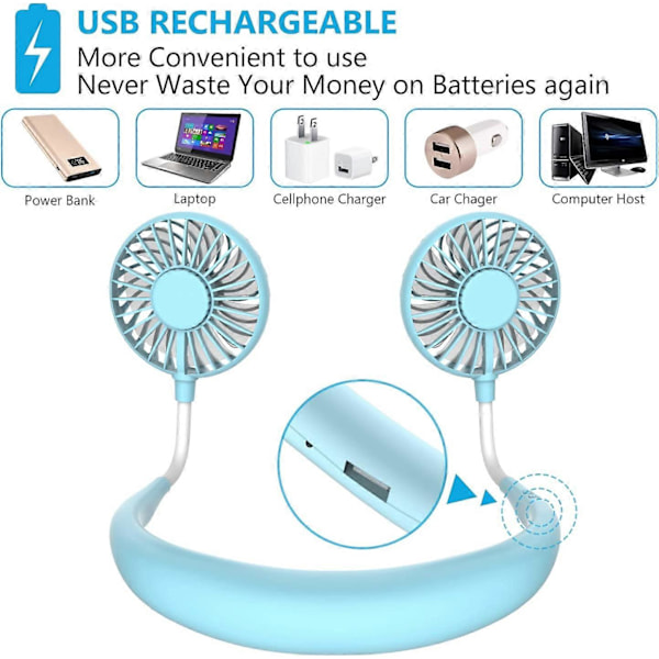 Kaulatuuletin, kannettava tuuletin sininen, mini-USB-tuuletin, kannettava ladattava kaulatuuletin, 3-nopeuksinen tuuli, kaksoispääilmajäähdytin ulkoiluun, retkeilyyn, toimistoon, huoneeseen