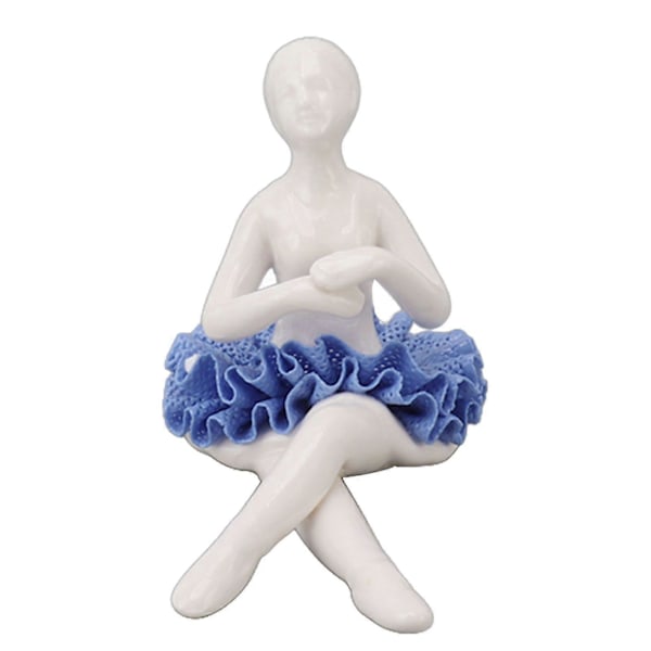 Ballerina Staty Vacker Avslappnad Stämning Delikat Keramisk Balettdansös Figurin med Blå Klänning för Heminredning