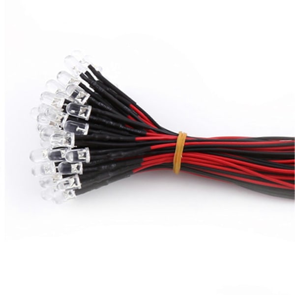 50 stk. ferdigkablet DC 9-12V 3 5 10mm Vannklar LED Dioder Hvit Rød Blå Grønn Lys