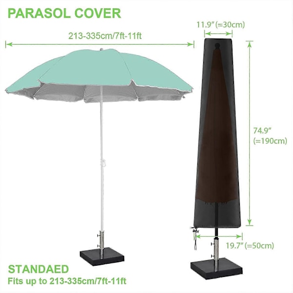 Vandtæt overtræk til haveparasol, kraftigt vandtæt beskyttelsesovertræk med lynlås - til 2,1 m til 3 m haveparasol - 190 x 50 x 25 cm