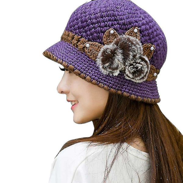 5 färger Vinter Varm Casual Vacker Ull Virkade Stickade Blommor Dekorerade Öron Hattar Mode Dam Dam Vinter Varm Virkad Stickade Blommor Dekorera Purple
