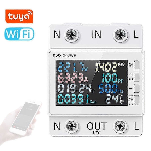 Tuya WiFi Strömmätare Färgskärm 2P Multifunktion AC Energimätare Mobiltelefon Fjärrstyrd APP Kontroll 170-300V/63A - B