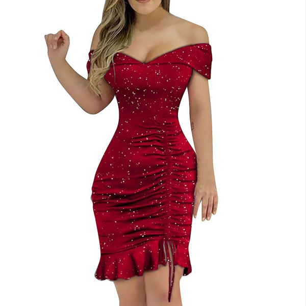 Sexig V-hals off Shoulder Klänning för kvinnor med kort ärm Maxiklänning Red L
