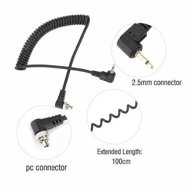 2,5 mm til han Flash PC Sync Kabelledning med Skruelås, Udstrakt Spiralledning