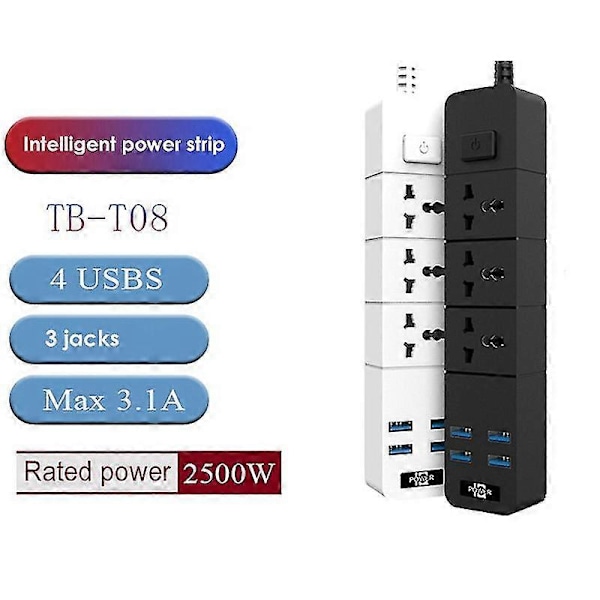 Stikdåse med overspændingsbeskyttelse med 4 USB og 3 stik 3000W 16A 2 meter forlængerledning kompatibel med Do-B14