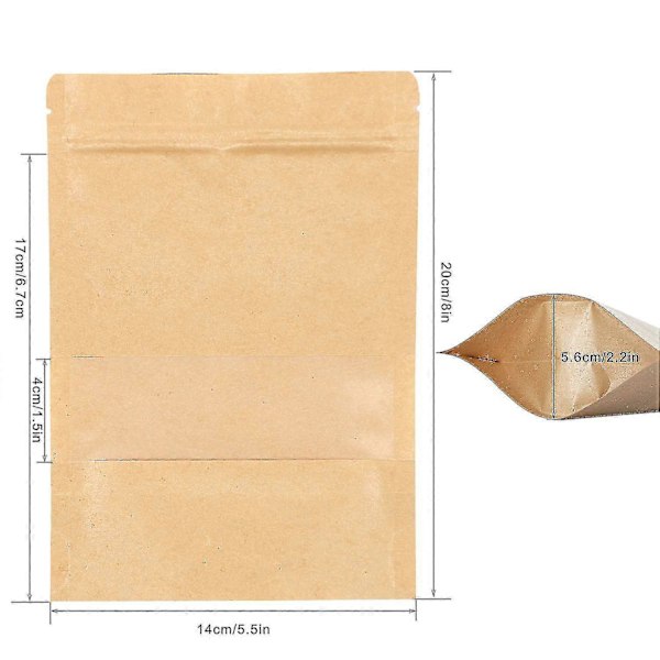 50 stk. Kraft Zip Lock Stående Poser med Hak og Mat Vindue, 9*14CM