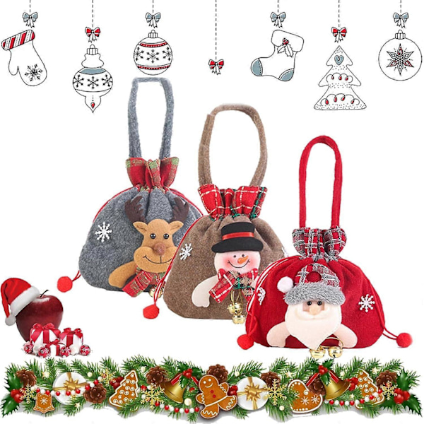 Julgåvor Docksäckar, små julgåvor, tomte snögubbe ren docksäck, juldekoration äppelsäck (3 st)