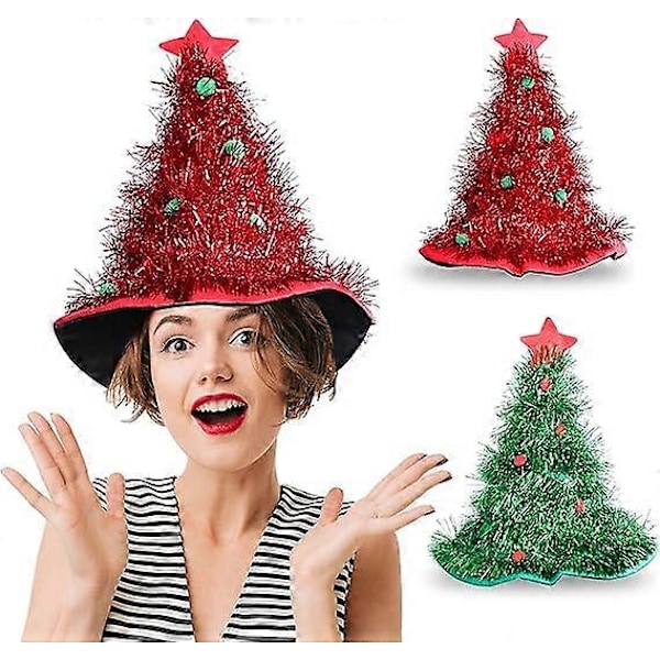2 stycken Jultomtehattar Julgranshattar Glitter Julgranshatt Kostymtillbehör Röd Grön Julhattar för Vuxna och Barn