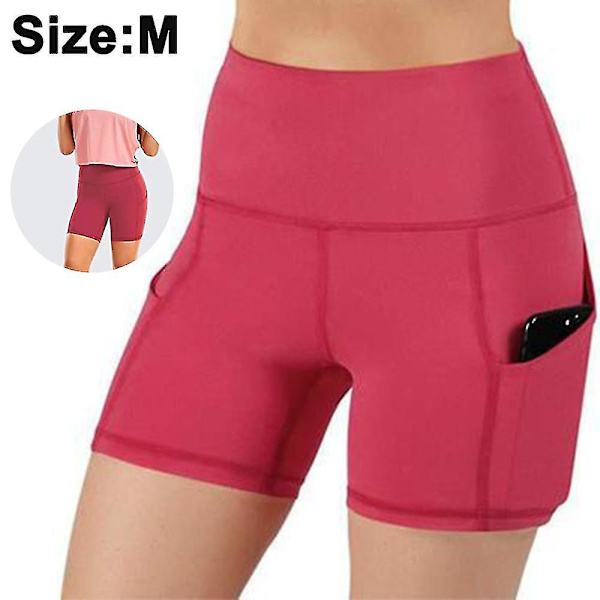 Yogashorts med hög midja för kvinnor med sidfickor Magkontroll Löpgym Träningsbikershorts för kvinnor Röd