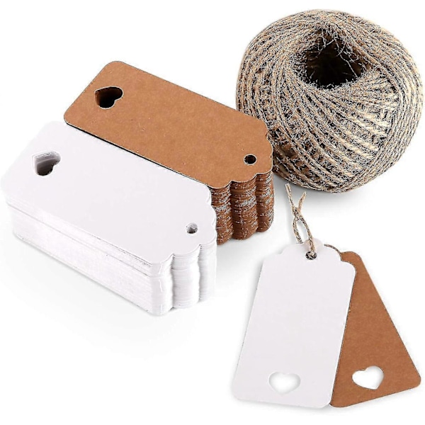 200 stk. Kraft-kort Kraftpapiretikett 9 x 4 cm Jute-tråd 60 m for gave, bagasje, bryllup Hvite brune gaver til barnas dag