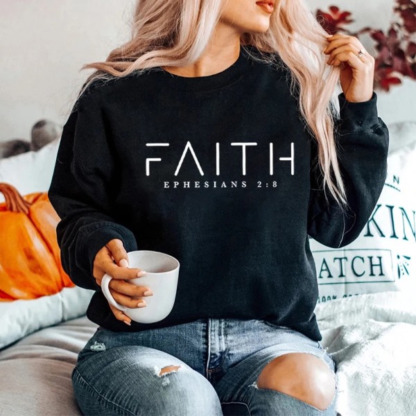 Trendig Faith Sweatshirt Bibelversskjorta Kristna kläder Dam Streetwear Tröja Huvtröja Estetiska kläder Black L