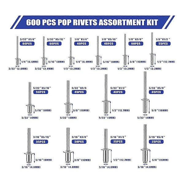 600 stk 14 Størrelse Nagler Sortimentsett Aluminium Nagler (3/32 Tommer 1/8 Tommer 5/32 Tommer 3/16 Tommer), Assor
