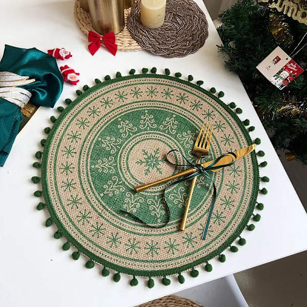 Jul Köksunderlägg Snowflake Älg Vävd Bordsmatta Printed Pom Pot Isoleringsmatta Retro Servett Bomull Linne Dekorativ matta 10 38cm