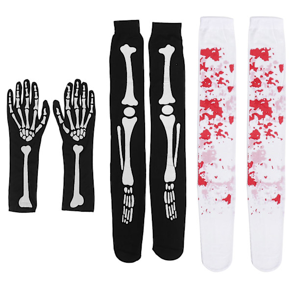 3 par Halloween handskar Strumpor Set Cosplay Benutskrift Benstrumpor Handskar Lårhöga strumpor (benmönsterhandskar + benmönsterstrumpor + blodiga strumpor