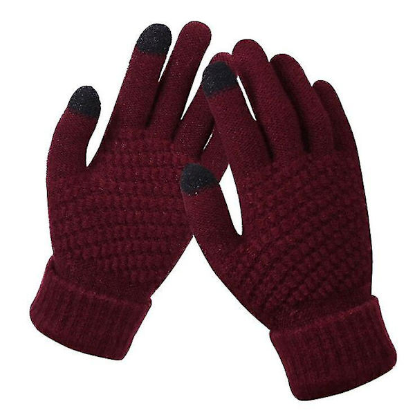 Vinterhandskar med pekskärm för kvinnor Tjocka Varma Stickade Stretchhandskar Imitation Ull Helfinger Utomhusskidåkningshandskar Wine red