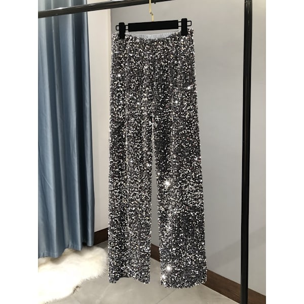 Dammodetrend Glänsande guldbyxor Lös byxor med hög midja vid ben för kvinnor Gray XL