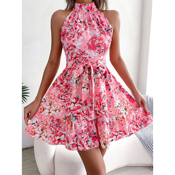 Sommar ärmlös axelbandslös klänning kvinnlig Elegant chic spets volangklänning Pink XL