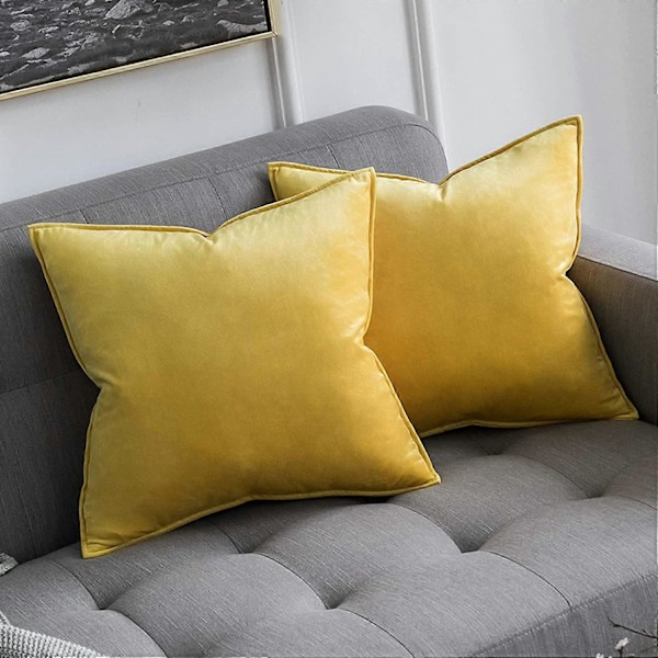 Sæt med 2 fløjls pudebetræk Flange pudebetræk Dekorative pyntepuder med skjult lynlås Sofa Soveværelse 22 X 22 tommer 55 X 55 cm Citrongul