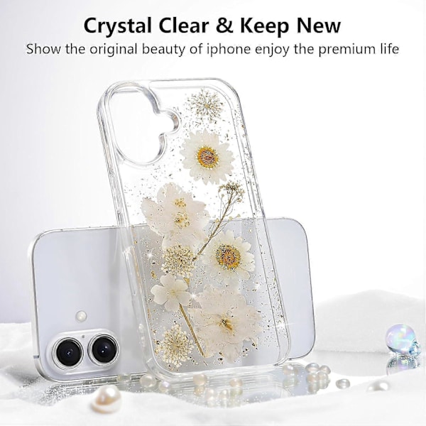 1 st Blommig Skal för iPhone 16 Transparent Skal med Äkta Torkade Blomstermönster, Glitter Söt Blomdesign för Kvinnor Flickor Slim Mjuk Kant Stötsäker Telefon