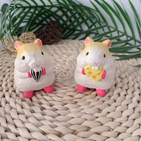 Miniature Foodie Hamster Statue Træudskæringer Dyrefigur til Boligindretning og Kontor Skrivebord Dekorativt Ornament