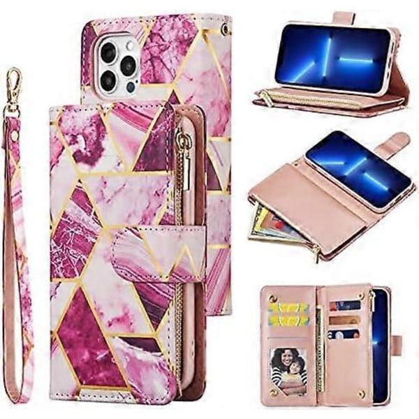 Wallet Case til iPhone 16 Pro Max, PU Læder Etui Magnetisk Lukning Håndtaske Lynlåslomme Etui Støtteben Kort Slots med Håndrem Marple Flip Etui f