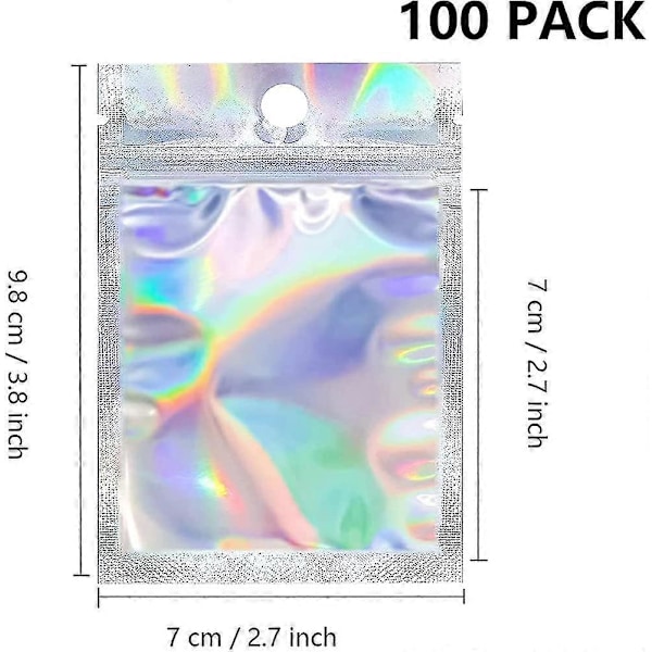 100 stk. Holografiske Emballasjeposer Små Godteposer Mylarposer Zip Lock Lukt