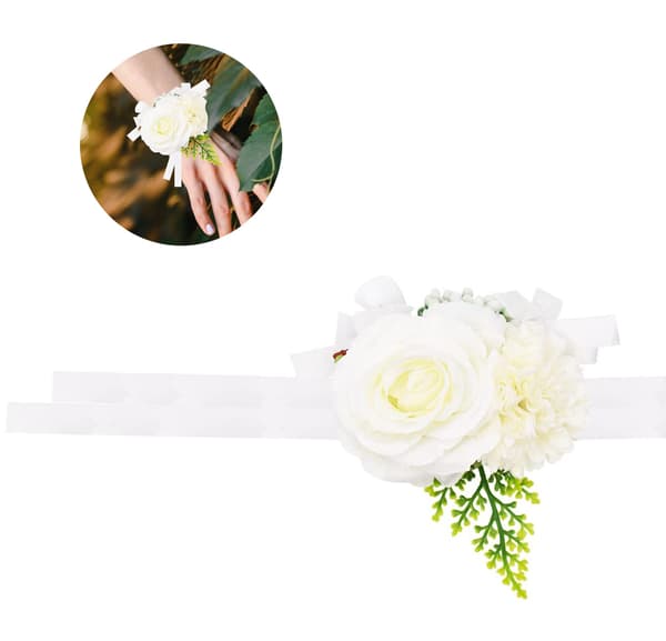 Rose Håndleddsblomst Armbånd, Liten Frisk Blomst til Bryllup (Hvit)
