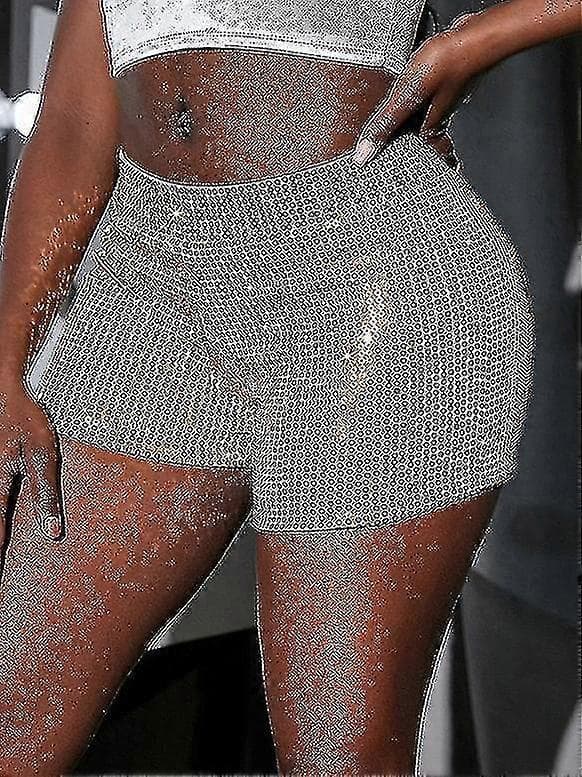 Dame Paljetter Høy Elastisk Midje Rett Ben Shorts Solid Glitter Party Shorts