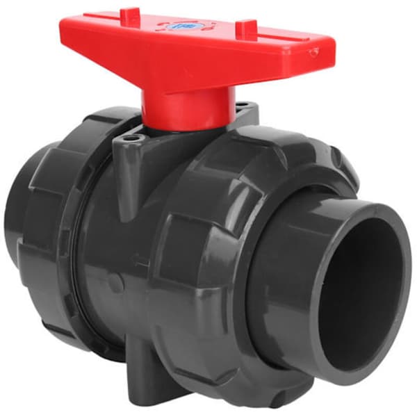 Kompakt dobbeltforseglet PVC-kugleventil DN50 G2. Tilpasset til pool- og akvariearmaturer.