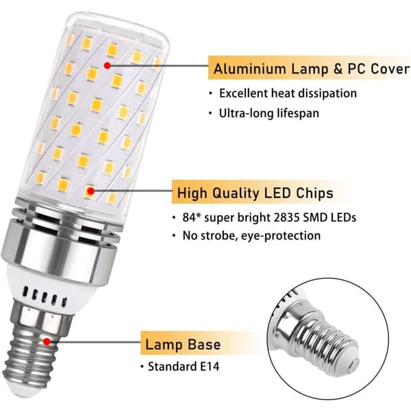 4 st E14 LED-majslampor, 16W, 6000K (motsvarande en 100W E14 halogenlampa), 360° spridningsvinkel, AC 220V, lämplig för inomhusbelysning, ej dimbar.