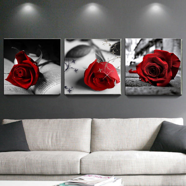 Canvas Väggkonst Röda Rosor Blommor på Grå Böcker Bilder