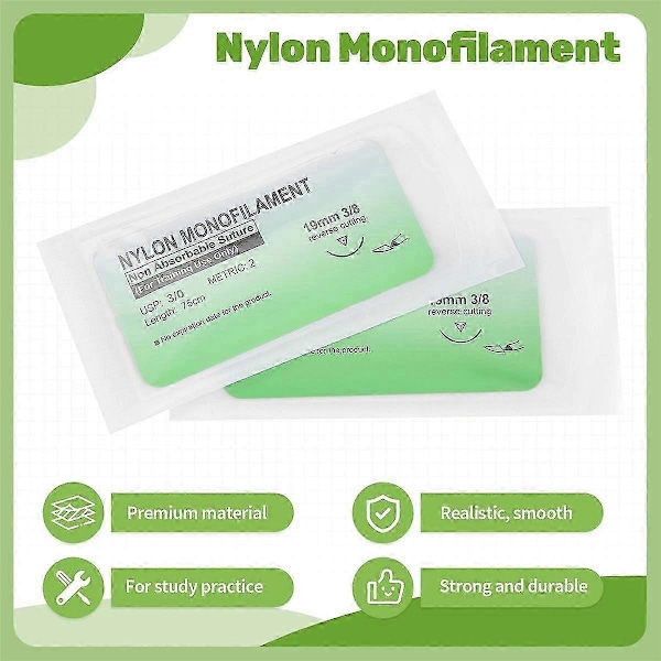 12 st/set Nål Suture Nylon Monofilament Tråd 3/0