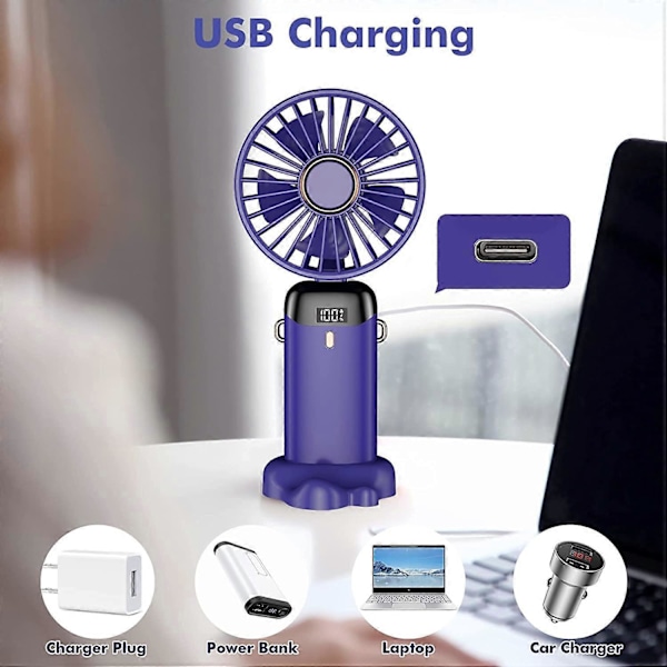 Kädessä pidettävä tuuletin, Mini kannettava tuuletin USB ladattava, Pieni taskutuuletin 5 nopeudella, kaulanauhalla ja jalustalla