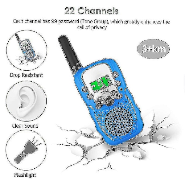 Walkie Talkies til børn, 3 stk., 4,8 km rækkevidde med baggrundsbelyst LCD-lommelygte