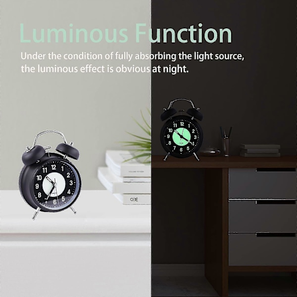 4 Tums Luminous Väckarklocka, Tickfri Analog Retro Kvarts Dubbelklocka Med Hög Alarm (svart)