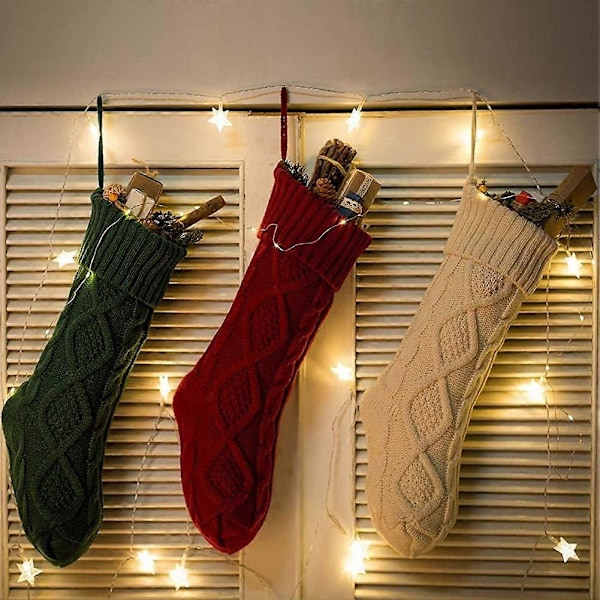 Julstrumpor Kabelstickad Strumpa Unik Stickad Presentpåse för Julgransdekorationer (Röd+Grön+Vit, 46cm)