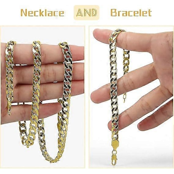 Cubansk Link Kæde Guld Herre Cubansk Link Kæde, Herre Cubansk Link Kæde, Cubansk Kæde Sæt, Herre Hip Hop Kæde, Guld, Halskæde + Armbånd