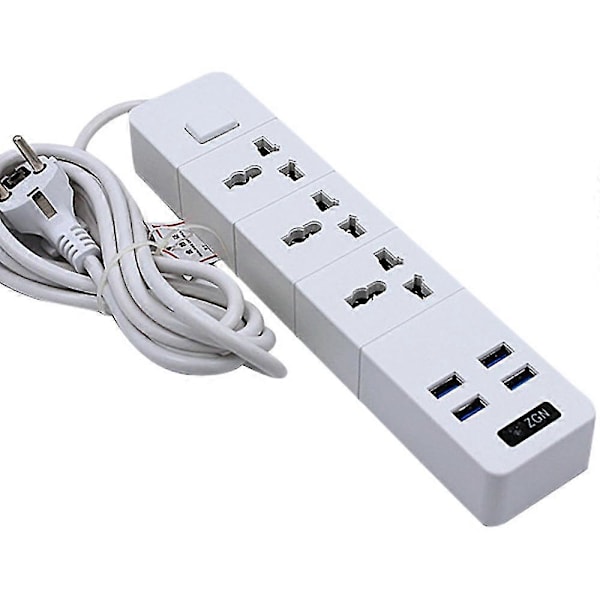 Stikdåse med overspændingsbeskyttelse med 4 USB og 3 stik 3000W 16A 2 meter forlængerledning kompatibel med Do-B14