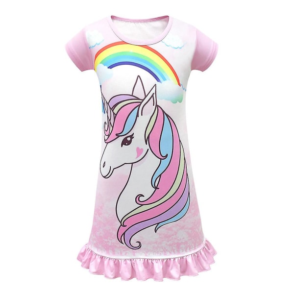 Barn Flickor Unicorn Nattlinne Volang Pyjamas Sovkläder Klänning Pink 130cm